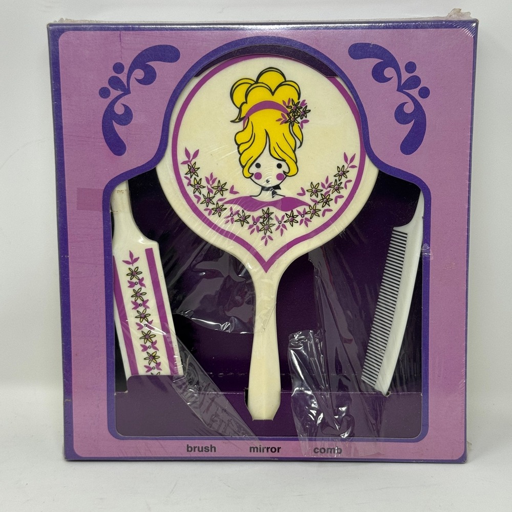 Vintage 1980 ARC Mirror Brush Comb Set‎ Purple Floral Girl Graphic New Old Stock